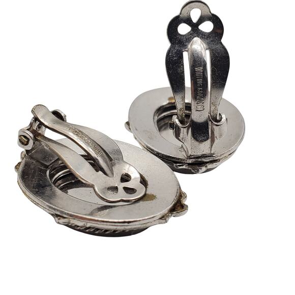 Whiting Davis Mother of Pearl Clip Earrings Silver Tone Oval Vintage Button MOP - Picture 4 of 10